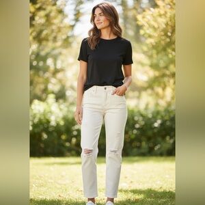 CAbi White Distressed Straight-Leg Jeans